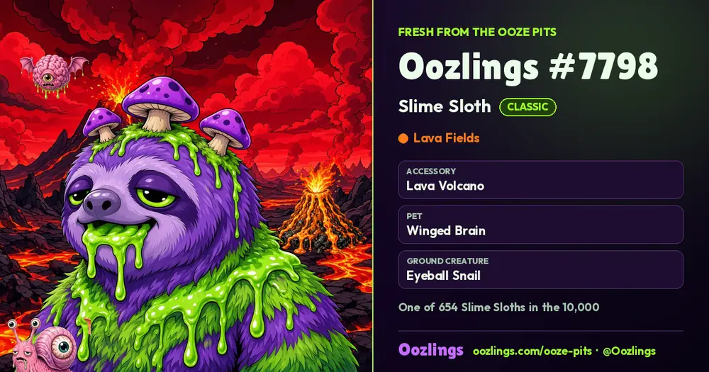 Oozlings #7798, a Classic Slime Sloth in Lava Fields
