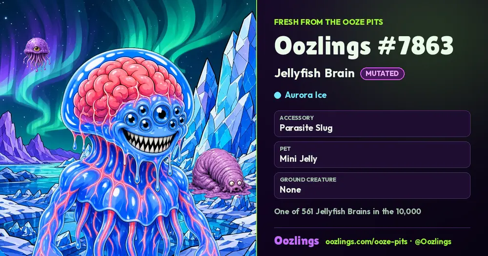 Oozlings #7863, a Mutated Jellyfish Brain in Aurora Ice
