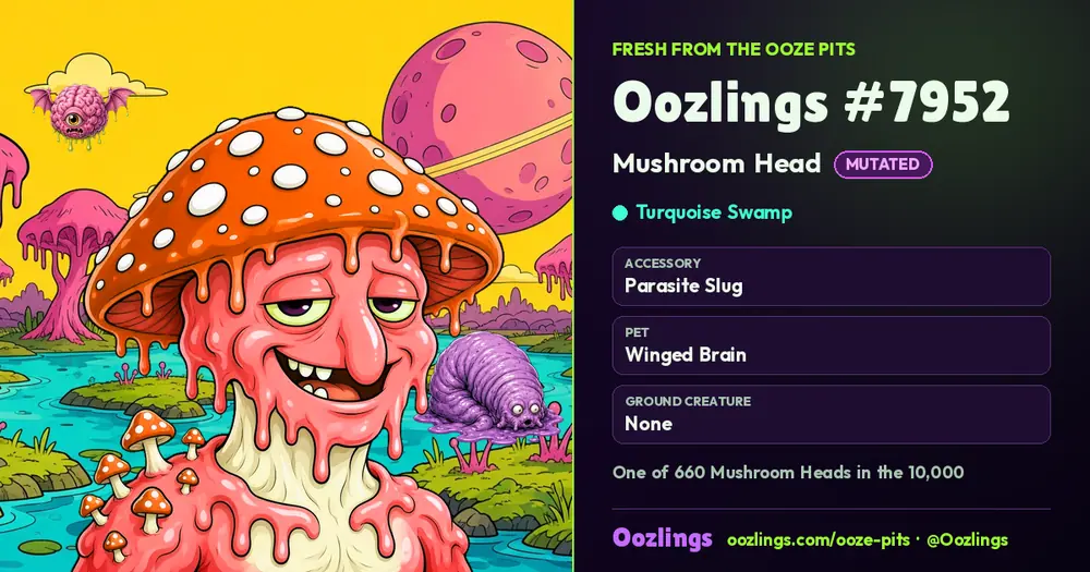 Oozlings #7952, a Mutated Mushroom Head in Turquoise Swamp