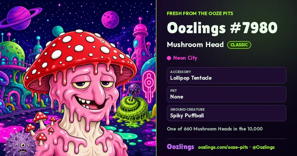 Oozlings #7980, a Classic Mushroom Head in Neon City
