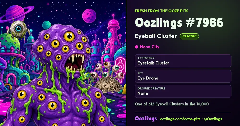 Oozlings #7986, a Classic Eyeball Cluster in Neon City