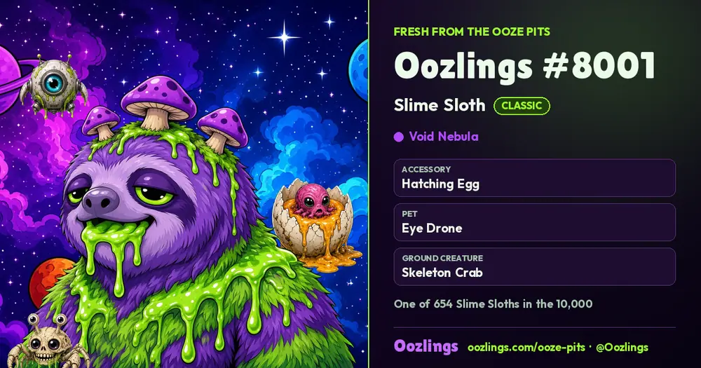 Oozlings #8001, a Classic Slime Sloth in Void Nebula