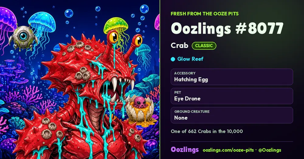 Oozlings #8077, a Classic Crab in Glow Reef