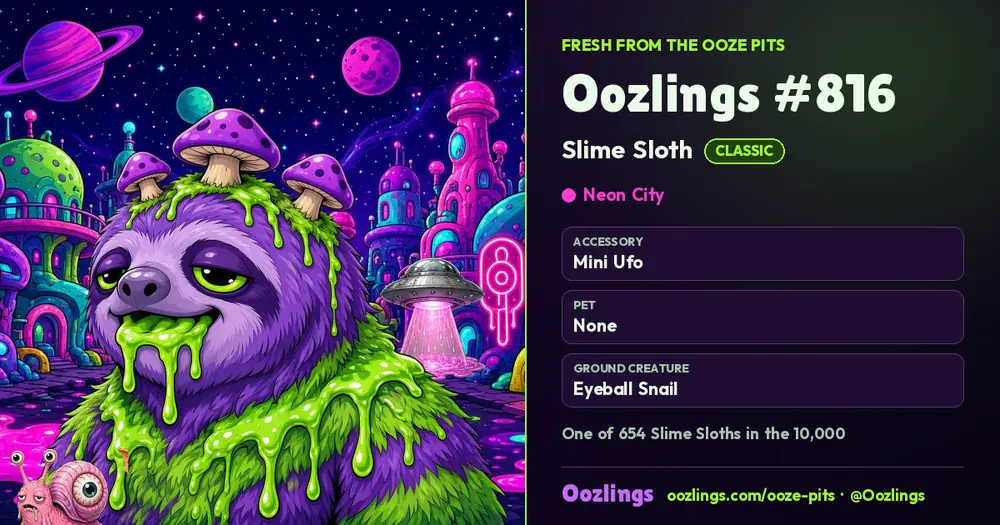 Oozlings #816, a Classic Slime Sloth in Neon City