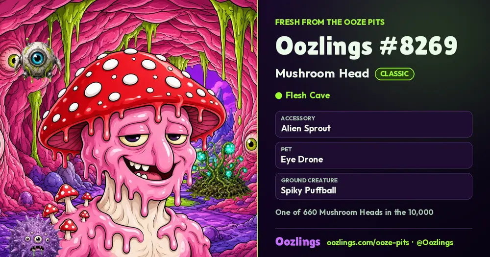 Oozlings #8269, a Classic Mushroom Head in Flesh Cave