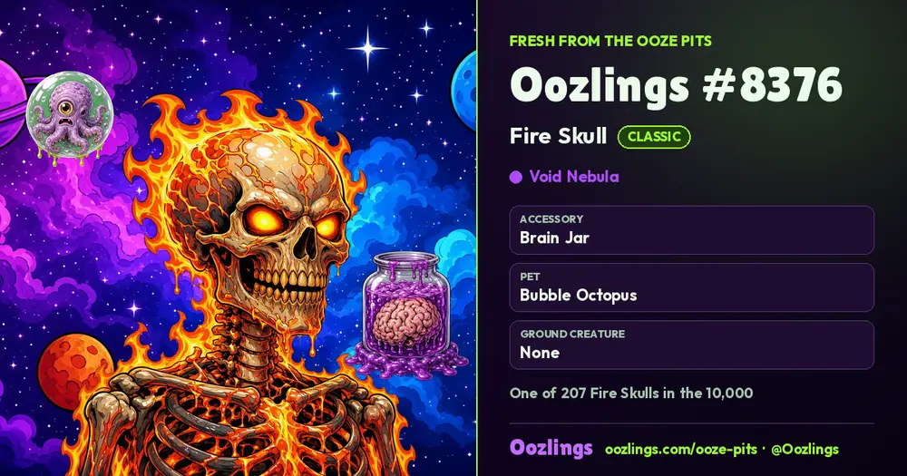Oozlings #8376, a Classic Fire Skull in Void Nebula