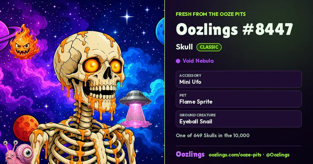 Oozlings #8447, a Classic Skull in Void Nebula