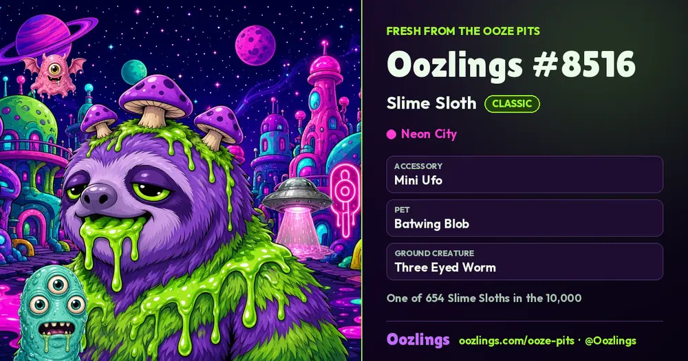 Oozlings #8516, a Classic Slime Sloth in Neon City