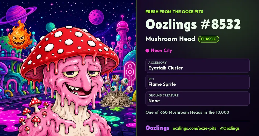 Oozlings #8532, a Classic Mushroom Head in Neon City