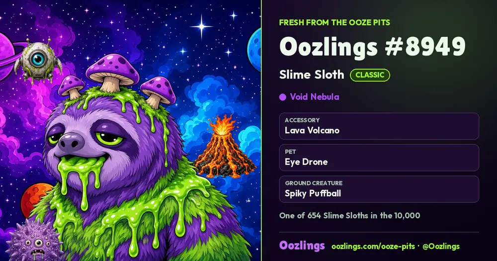 Oozlings #8949, a Classic Slime Sloth in Void Nebula