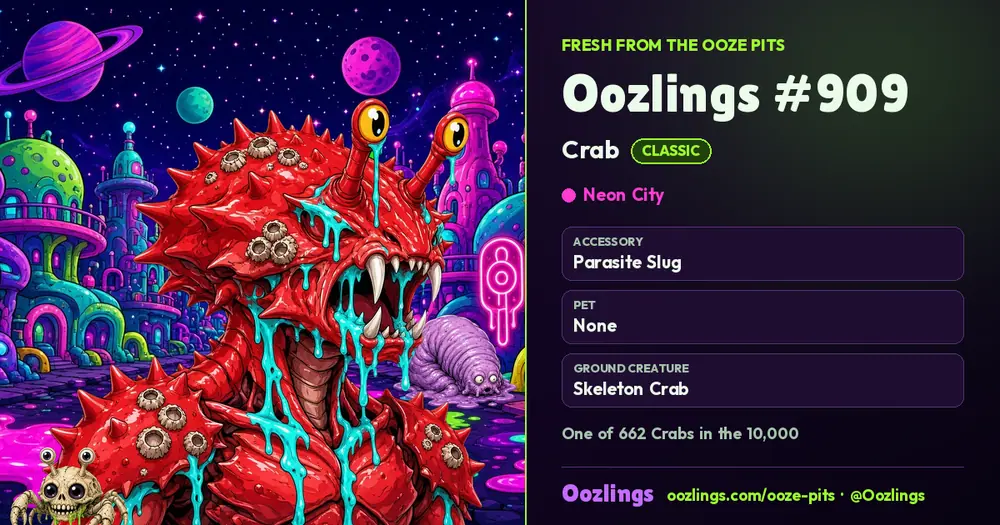 Oozlings #909, a Classic Crab in Neon City