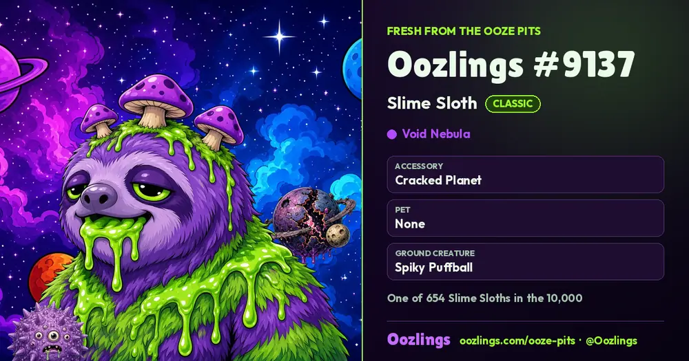 Oozlings #9137, a Classic Slime Sloth in Void Nebula