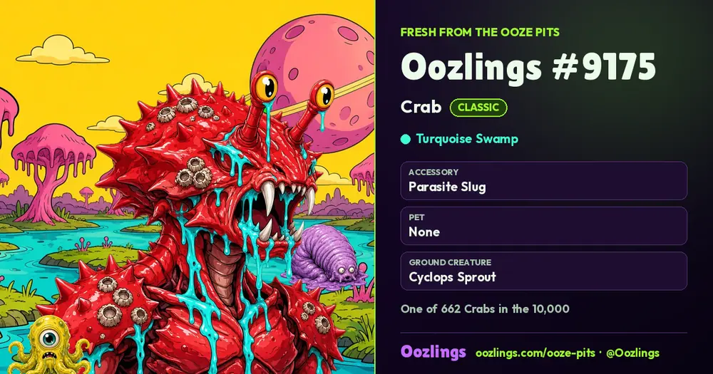 Oozlings #9175, a Classic Crab in Turquoise Swamp