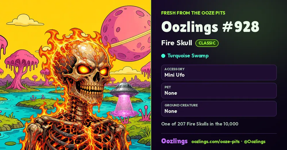 Oozlings #928, a Classic Fire Skull in Turquoise Swamp