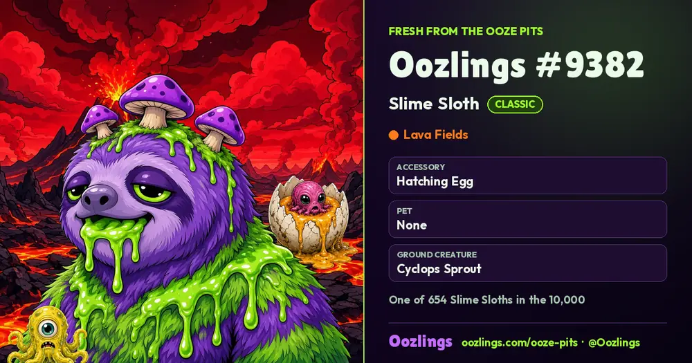 Oozlings #9382, a Classic Slime Sloth in Lava Fields