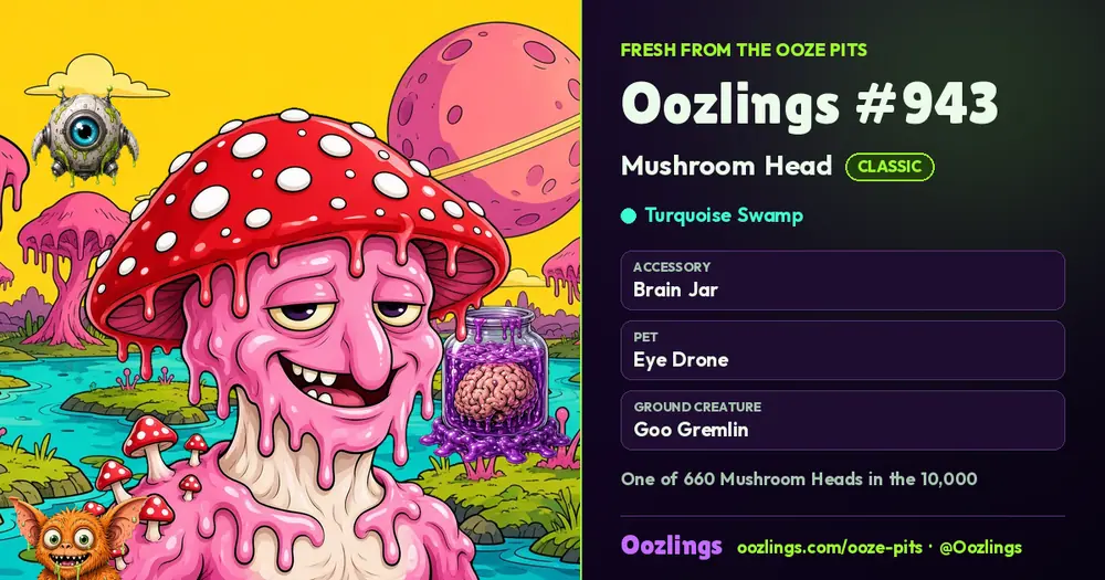 Oozlings #943, a Classic Mushroom Head in Turquoise Swamp