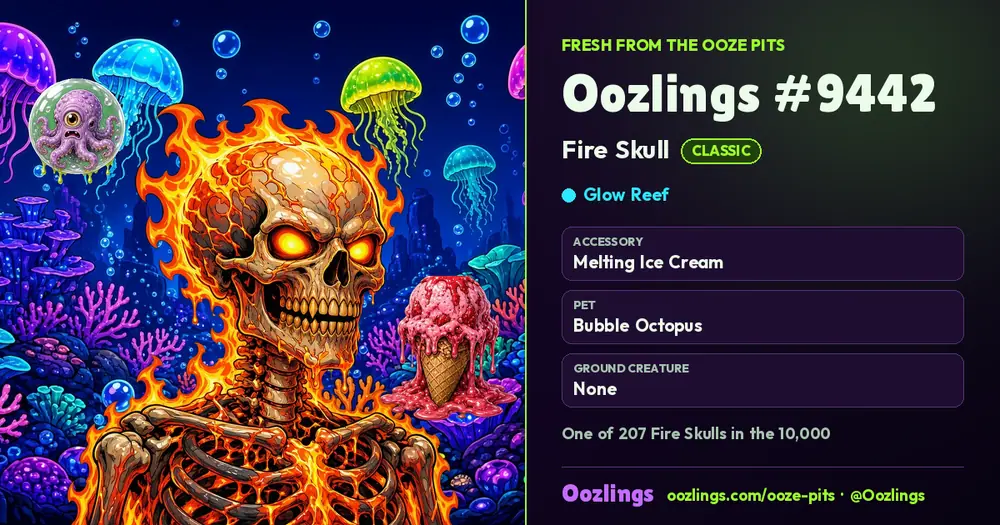 Oozlings #9442, a Classic Fire Skull in Glow Reef