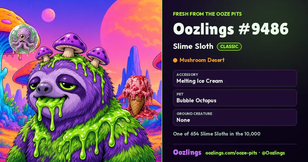 Oozlings #9486, a Classic Slime Sloth in Mushroom Desert