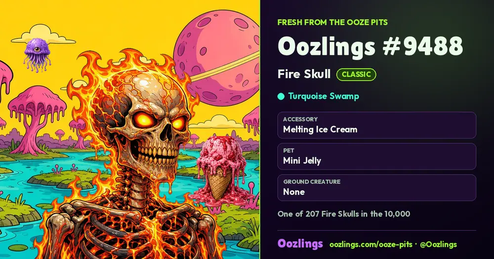 Oozlings #9488, a Classic Fire Skull in Turquoise Swamp