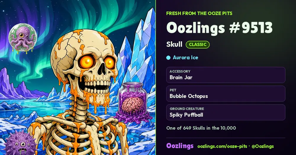 Oozlings #9513, a Classic Skull in Aurora Ice