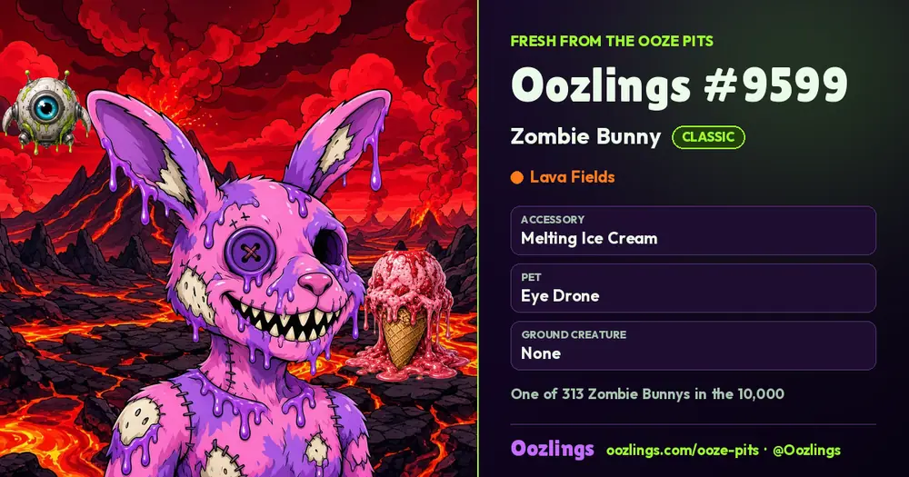 Oozlings #9599, a Classic Zombie Bunny in Lava Fields