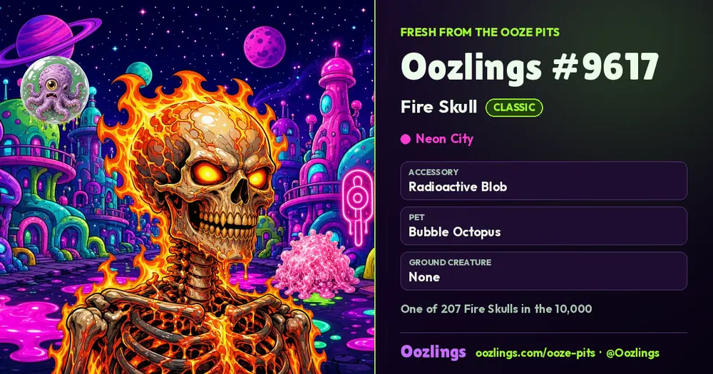 Oozlings #9617, a Classic Fire Skull in Neon City