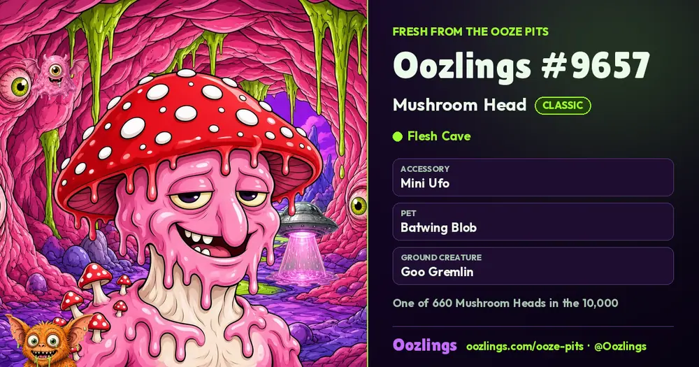 Oozlings #9657, a Classic Mushroom Head in Flesh Cave