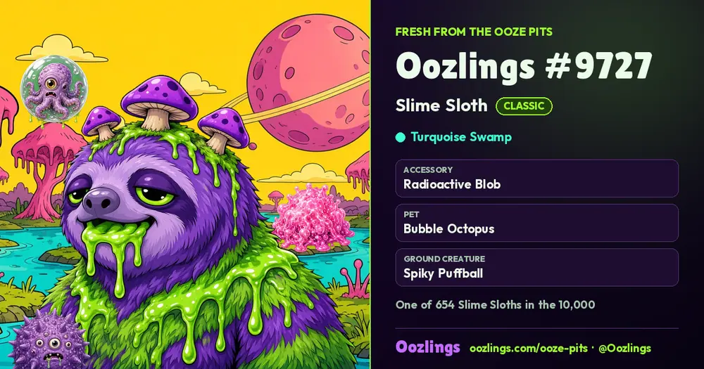 Oozlings #9727, a Classic Slime Sloth in Turquoise Swamp