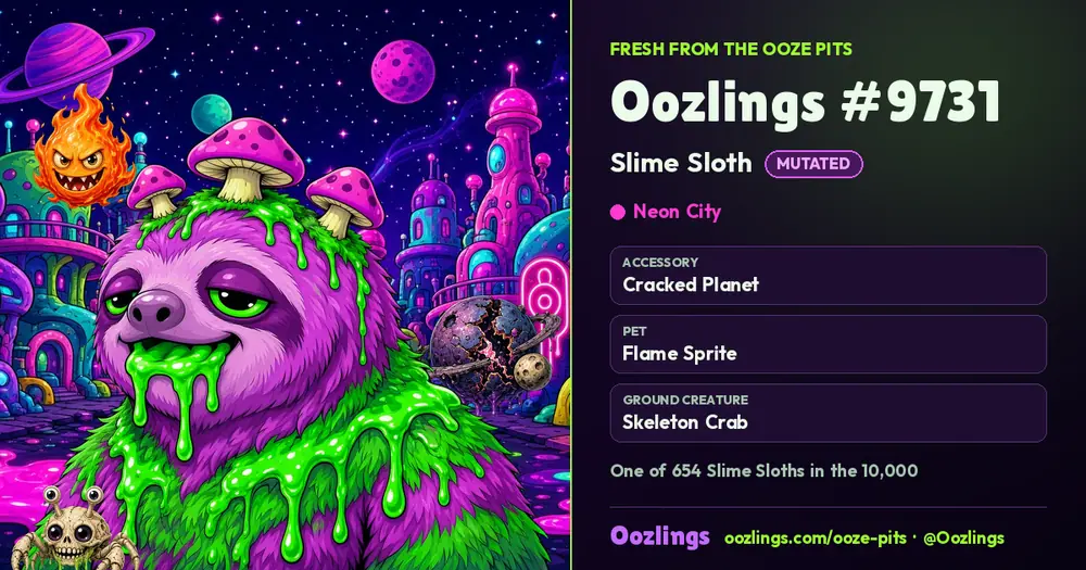 Oozlings #9731, a Mutated Slime Sloth in Neon City