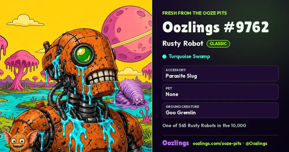 Oozlings #9762, a Classic Rusty Robot in Turquoise Swamp