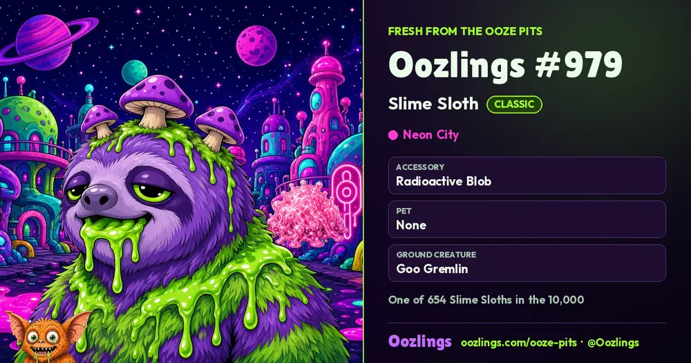 Oozlings #979, a Classic Slime Sloth in Neon City
