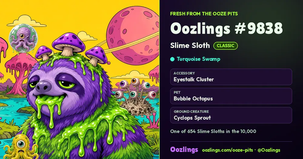 Oozlings #9838, a Classic Slime Sloth in Turquoise Swamp