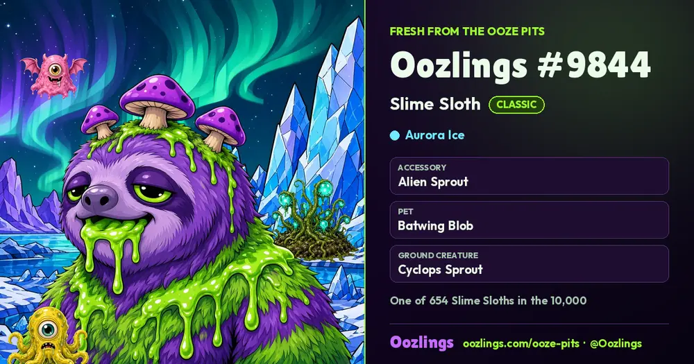 Oozlings #9844, a Classic Slime Sloth in Aurora Ice