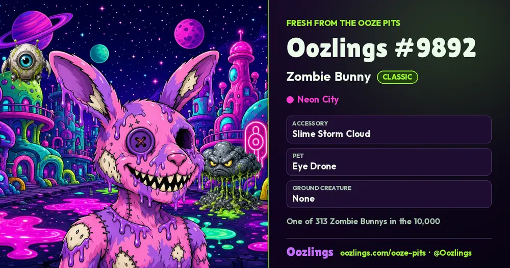 Oozlings #9892, a Classic Zombie Bunny in Neon City