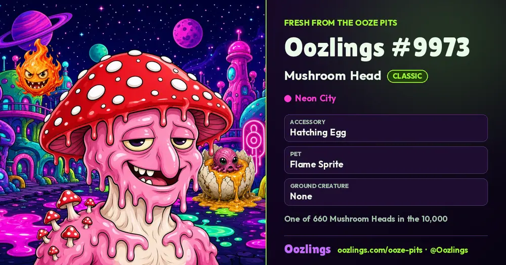 Oozlings #9973, a Classic Mushroom Head in Neon City