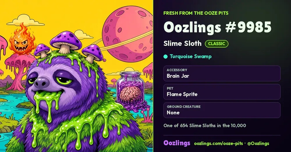 Oozlings #9985, a Classic Slime Sloth in Turquoise Swamp